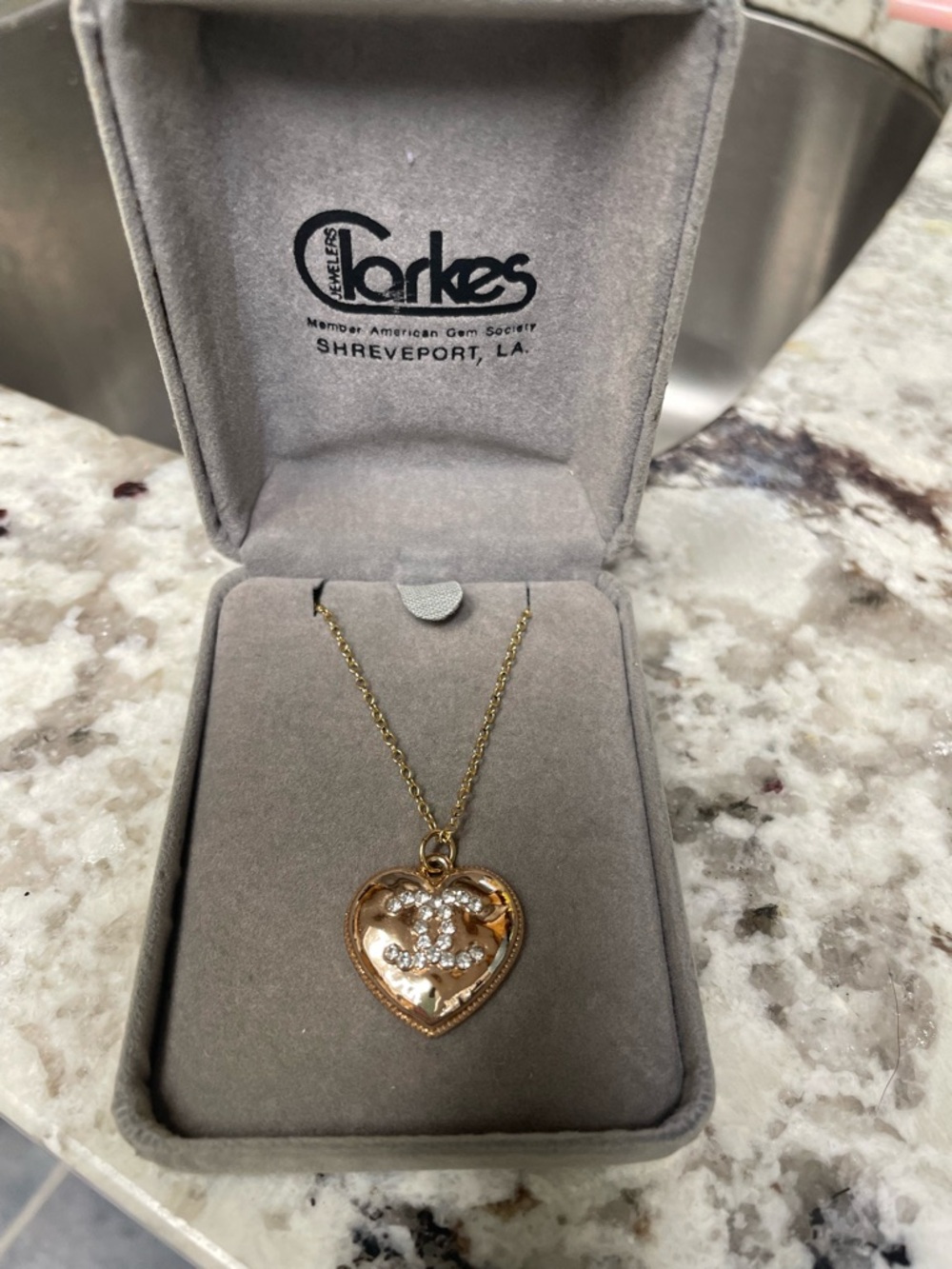 Gold tone  Heart  Necklace with Crystal Detail.  Made from repurposed button.